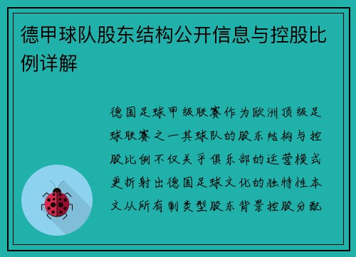 德甲球队股东结构公开信息与控股比例详解