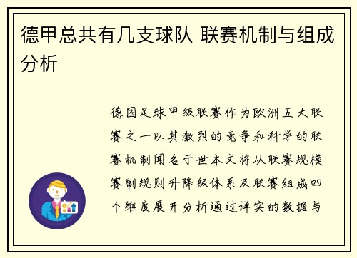 德甲总共有几支球队 联赛机制与组成分析